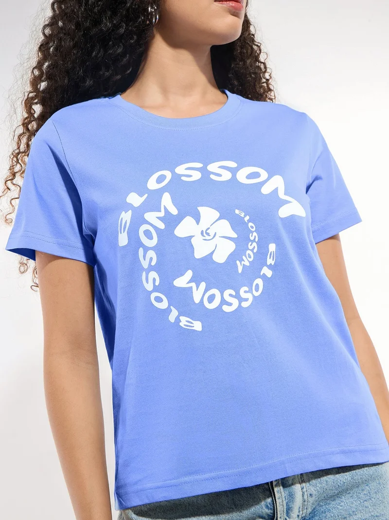 Outzidr  Blue Crew Neck Graphic Tshirt for Women | Best Price UAE